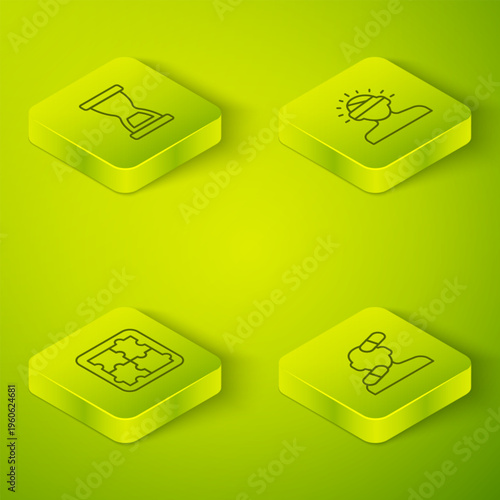 Set Isometric line Concussion, headache, Solution problem in psychology, Sedative pills and Old hourglass icon. Vector