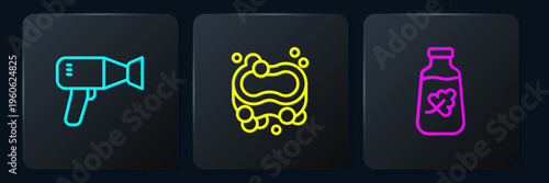 Set line Hair dryer, Essential oil bottle and Bar of soap. Black square button. Vector