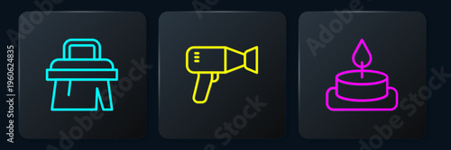 Set line Sauna brush, Aroma candle and Hair dryer. Black square button. Vector