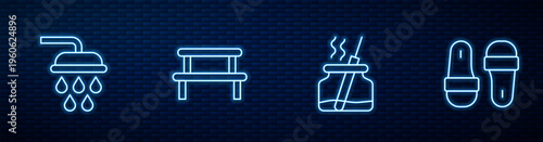Set line Aroma diffuser, Shower, Sauna wood bench and slippers. Glowing neon icon on brick wall. Vector