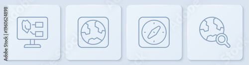 Set line Soil analysis, Compass, Earth globe and Magnifying glass with. White square button. Vector