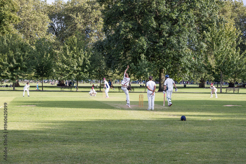 Obraz premium Amateur cricket match in a green park