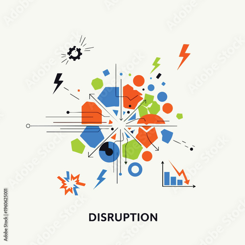 Abstract illustration depicting concepts of disruption, change, and data analysis