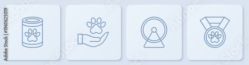 Set line Canned food, Hamster wheel, Hands with animals footprint and Pet award symbol. White square button. Vector