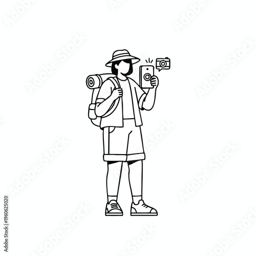 Traveler takes photo with smartphone, wearing hat, backpack, shorts, shirt, sneakers