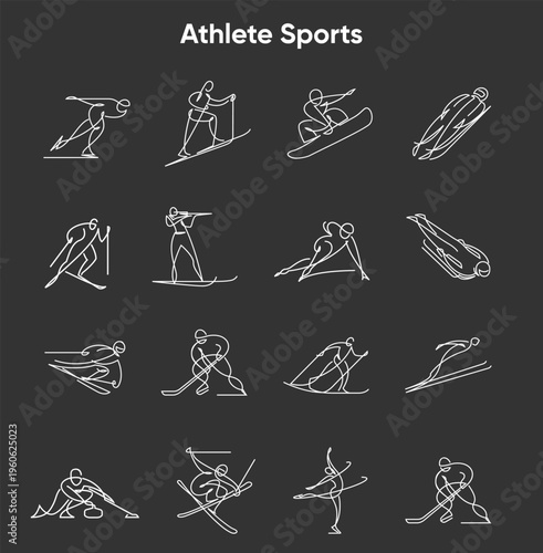 Athlete Sports Icons Collection. Line Art Illustrations for Winter Sport. Snowboarding, Skiing, Ice Skating, Curling, Biathlon, Hockey and Competitive Sports in Dynamic Action Poses. Hand drawn doodle