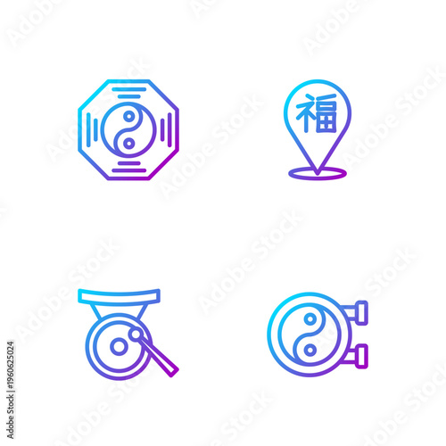 Set line Yin Yang symbol, Gong musical instrument, and Chinese New Year. Gradient color icons. Vector