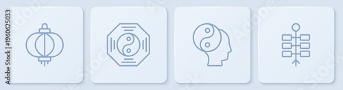 Set line Chinese paper lantern, Yin Yang symbol, and Firework. White square button. Vector