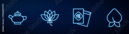 Set line Chinese New Year, tea ceremony, Lotus flower and Peach fruit or nectarine. Glowing neon icon on brick wall. Vector