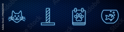 Set line Calendar grooming, Cat, scratching post with toy and Aquarium fish. Glowing neon icon on brick wall. Vector