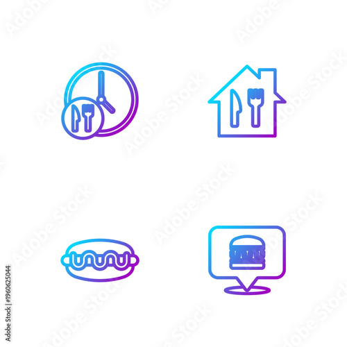 Set line Online ordering burger delivery, Hotdog sandwich, Round the clock and . Gradient color icons. Vector