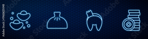 Set line Chinese fortune cookie, Dumpling and Yuan currency. Glowing neon icon on brick wall. Vector