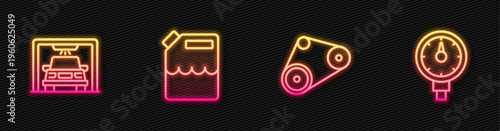 Set line Timing belt kit, Car wash, Canister for gasoline and Tire pressure gauge. Glowing neon icon. Vector