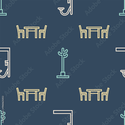 Set line Shower, Wooden table with chair and Coat stand on seamless pattern. Vector