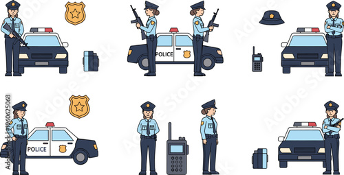 Police Officer Vector Set Featuring Uniformed Officer, Police Car, Badge, Radio, and Tactical Gear for Law Enforcement and Security Designs