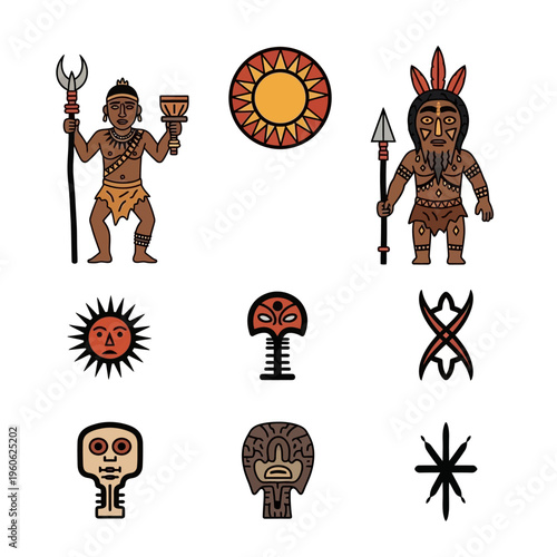 Ancient tribal symbols and figures: sun, masks, warriors, ritual objects