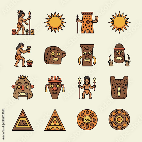 Ancient Tribal Icons: Sun, People, Masks, Symbols