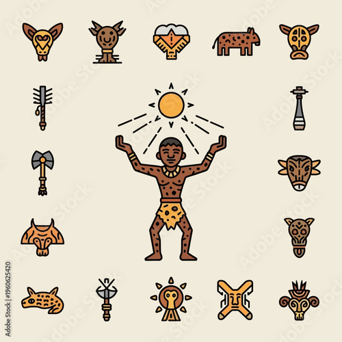 African Tribal Man Worshiping Sun Surrounded by Totem Animals and Symbols