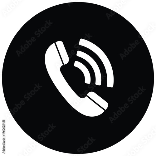 A white telephone receiver icon with sound waves emanating from it on a black circular background.