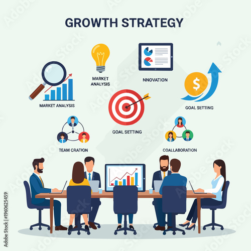 Business meeting illustrating growth strategy with icons for analysis, goals, innovation, team, and collaboration