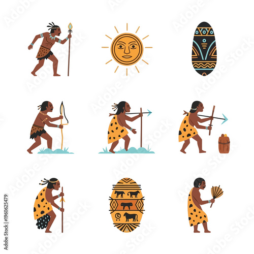Ancient Hunter-Gatherers: Hunting, Sun, Shield, and Tribal Art Icons