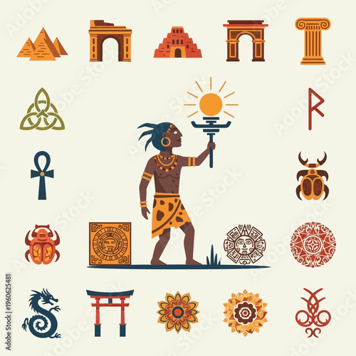 Ancient Civilizations Symbols and Man Holding Torch