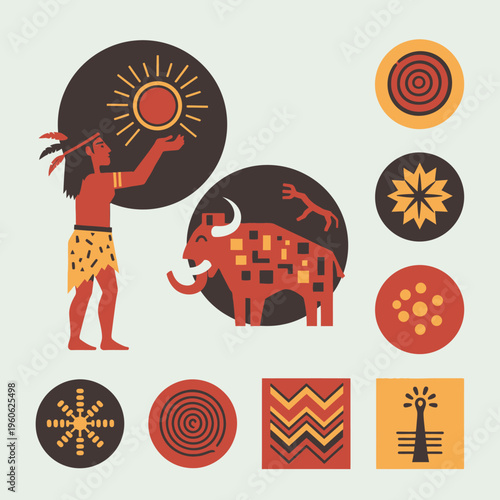 Ancient Man Worshiping Sun, Cave Art Mammoth, Tribal Symbols, Prehistoric Culture