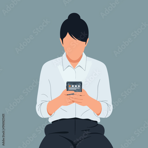 Person in white shirt and dark pants looking at phone, dark hair bun