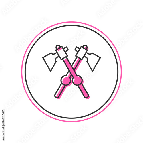 Filled outline Crossed medieval axes icon isolated on white background. Battle axe, executioner axe. Medieval weapon. Vector