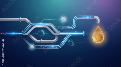 Abstract representation of interconnected pipes with glowing elements and a golden drop, symbolizing fluid dynamics