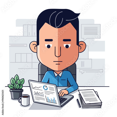 Man working at desk with laptop, charts, coffee, and plant