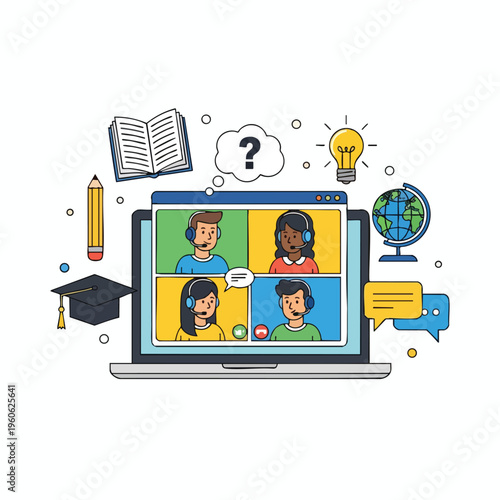 Four people in a video conference call, with educational symbols surrounding a laptop