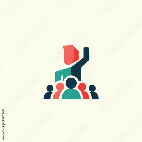 Stylized representation of a leader with an uplifted arm addressing a diverse group