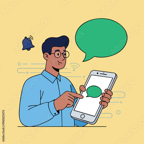 Man using smartphone with notification bell and green speech bubble