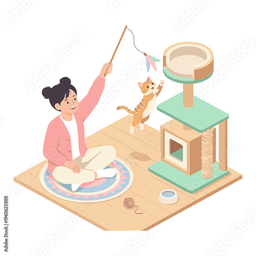 Woman plays with energetic cat using colorful toy near scratching post indoors