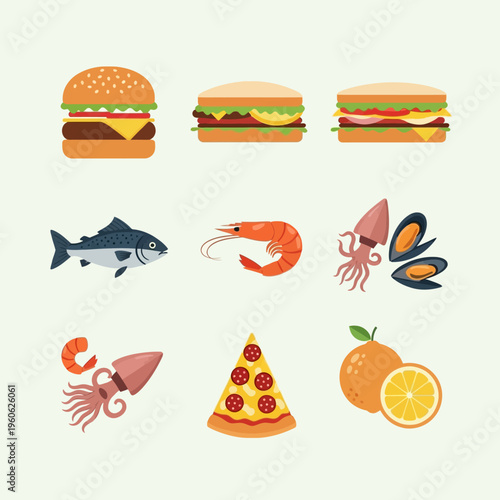 Colorful Flat Icons of Fast Food and Seafood Dishes