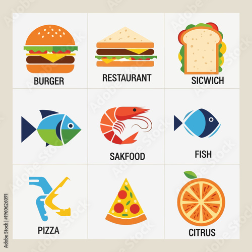 Colorful Icons of Food and Drink: Burger, Sandwich, Fish, Shrimp, Pizza, Citrus