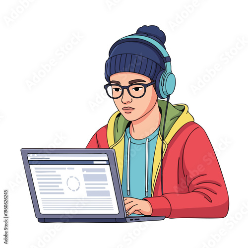 Young person with headphones and glasses types on a laptop in colorful attire