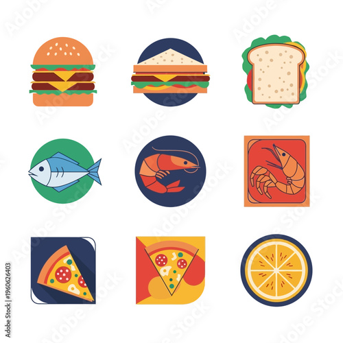 Collection of delicious food icons: burger, sandwich, fish, shrimp, pizza, orange slice
