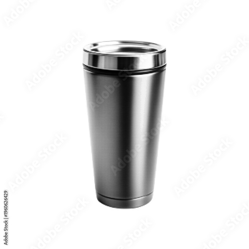 Black and white halftone illustration of stainless steel thermos bottle, isolated on white background. Drink container concept, minimal retro graphic style.