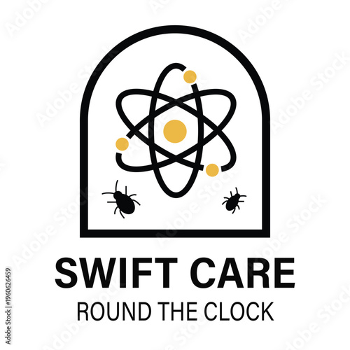 Swift Care Round the Clock Pest Control Logo with Atomic Shield and Insect Icons for Professional Extermination Services and Chemical Safety Branding