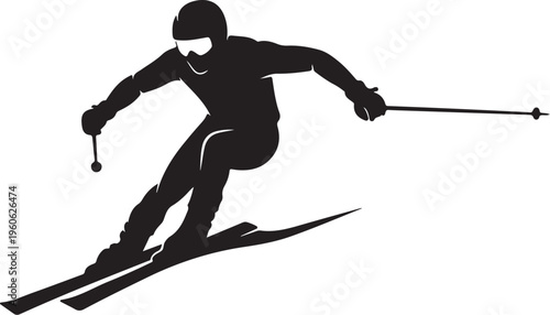 Skiing, skier, black silhouette, sports icon, vector graphic
