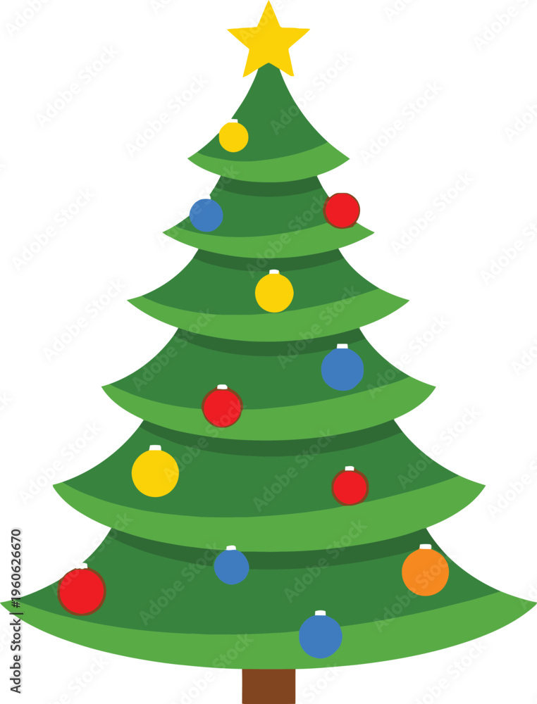 Fototapeta premium Green Christmas tree with yellow star and colorful ornaments red ornaments blue ornaments