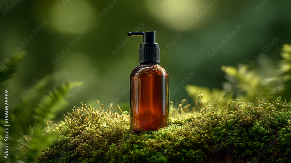 Fototapeta premium A brown bottle with a black pump dispenser on mossy ground