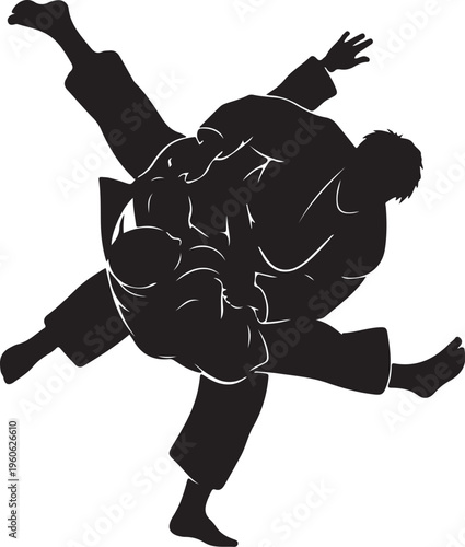 Martial arts silhouette, judo throw vector, black karate uniform, combat sports illustration