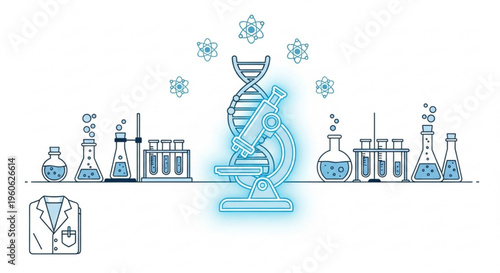 Laboratory equipment and microscope with dna double helix structure on a laboratory bench with various science tools and virus particles floating around