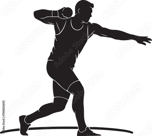 Black silhouette athletic man throwing shot put, athleticism vector icon, sports illustration, fitness symbol