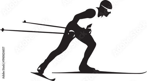 Black silhouette of skier in motion, winter sports icon, athletic ski vector, monochrome skier