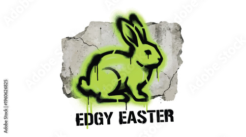Edgy Easter graffiti rabbit vector, neon green spray paint bunny stencil on concrete wall, urban street art style holiday illustration