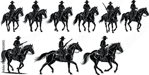 Cowboy horse rider silhouette western ranch cowboy riding horse vintage wild west illustration collection action pose vector design